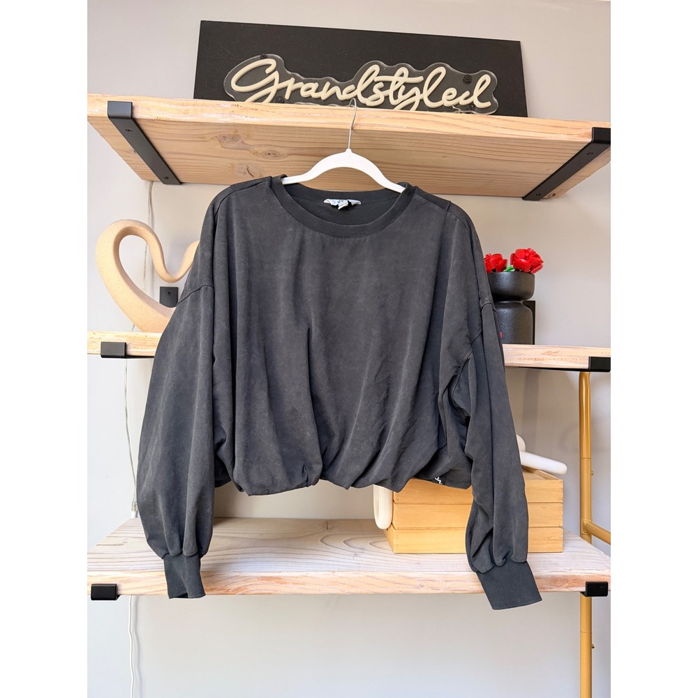 JoyLab Charcoal Grey Cropped Balloon Sleeve Sweatshirt Pullover Size L - Picture 3 of 6